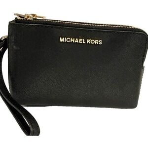 Michael Kors Black Leather Double‎ Zip Wristlet Wallet Clutch Purse Gold Tone